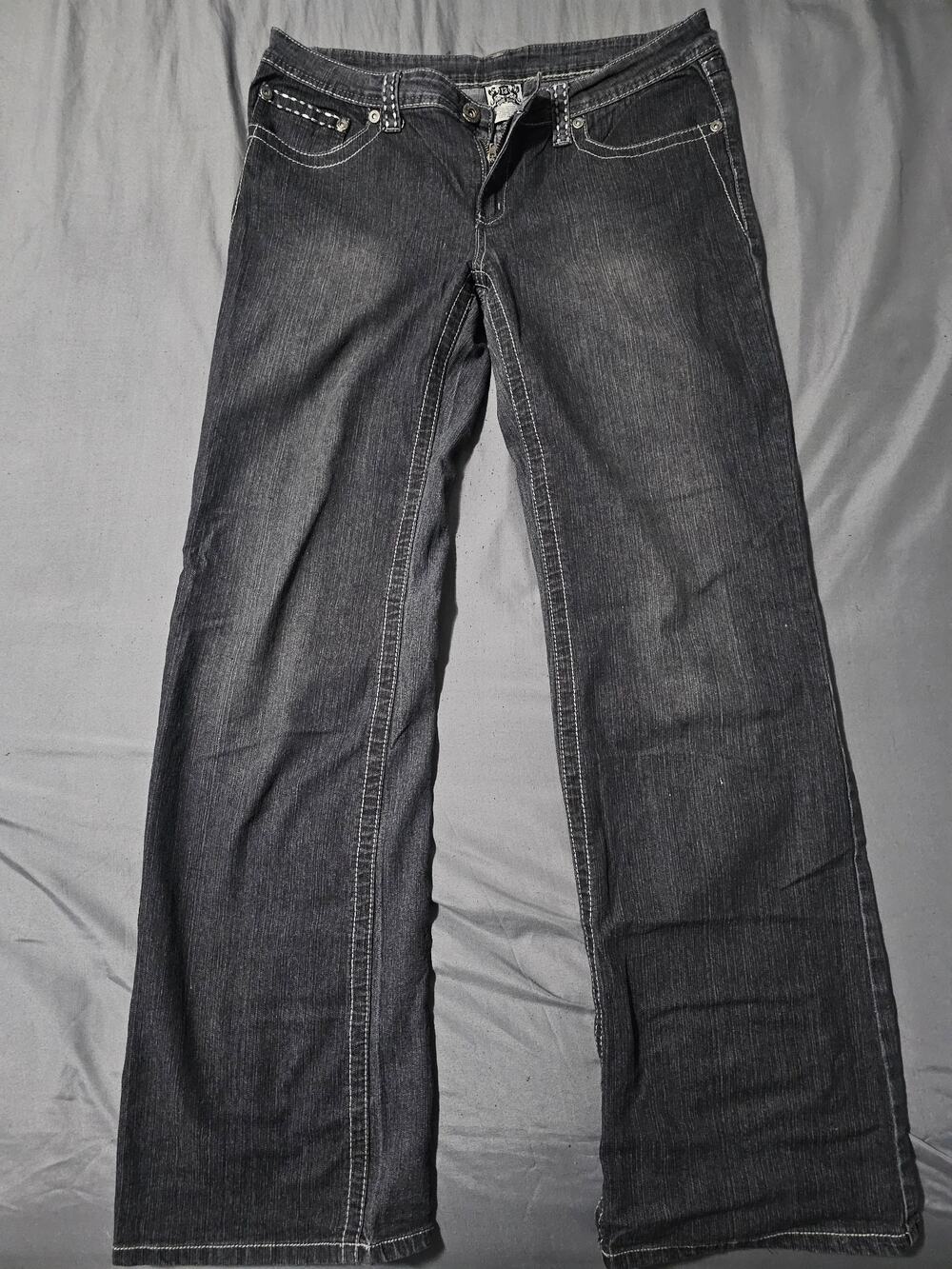Dark wash denim jeans with contrast stitching